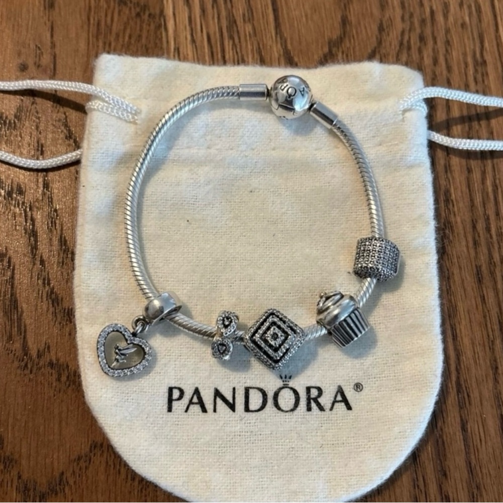 Pandora Silver Charm Bracelet with Heart and Geometric Designs